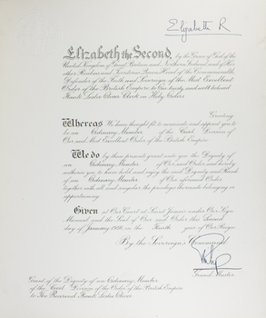 Award declaration signed by Her majesty Queen Elizabeth II