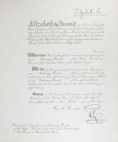 Award declaration signed by Her majesty Queen Elizabeth II