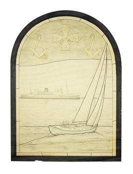 Sketch in pencil and ink on cream paper for an arched stained glass window depicting a yacht.