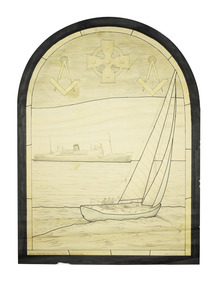 Sketch in pencil and ink on cream paper for an arched stained glass window depicting a yacht.