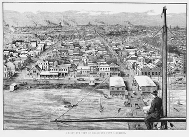 Aerial view sketch of Port Melbourne (then Sandridge) from the mas of a chipé n the sea. The sketch shows the Bethel Church.