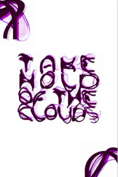 In the foreground, a twisted typeface forms the wordmark ‘Take Hold of the Clouds’ in bold black. Behind each letterform bursts flashes of violet. The words float on translucent pink, liquid shapes that hold the words off the white page.