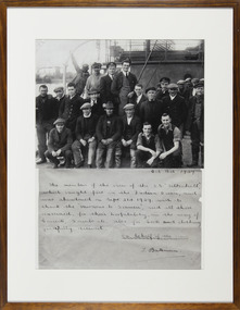 Black and white group photograph of the crew S.S. Siltonhall after the shipwreck in 1929 with the attached letter sent to thank the mission for helping them.