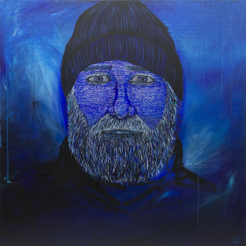 Portrait in blue and dark tones of a sailor with a beard wearing a beanie. His face is made of dots using the SOS Morse code.