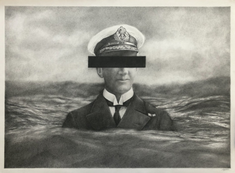 Sketch in Pencil depicting an ship officer in uniform, his body in the sea nearly to the shoulders. A black rectangle hidding his eyes.