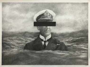 Sketch in Pencil depicting an ship officer in uniform, his body in the sea nearly to the shoulders. A black rectangle hidding his eyes.