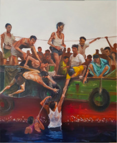 Painting depicting asylum seekers in great desperation as they are helping two men in the water to get on board.