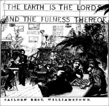 Illustration depicting the interios of the Williamstown Sailors' Rest in 1878 with decoration (plants, paintings, birds in cages), and sailors at tables busy playing chess, talking, having a drink.