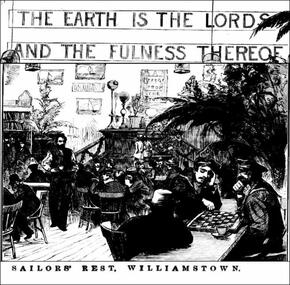 Illustration depicting the interios of the Williamstown Sailors' Rest in 1878 with decoration (plants, paintings, birds in cages), and sailors at tables busy playing chess, talking, having a drink.