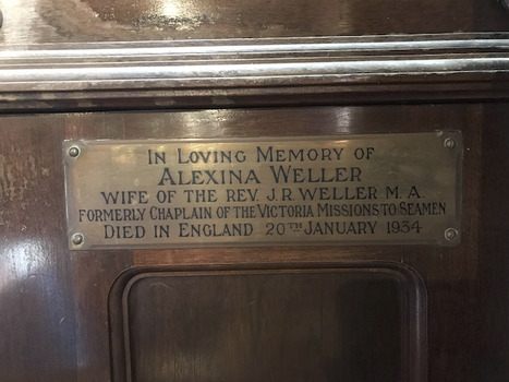 Plaque on the organ in memory of Alexina Weller, wife of Reverend Weller.