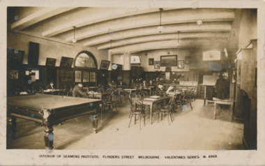 Postcard, Valentines Real Photo Series, Interior of Seamen's Institute, Flinders Street Melbourne, c. 1917