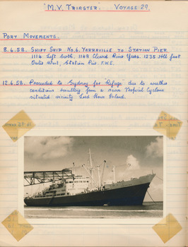 Black and white photograph of the MV Triaster at port