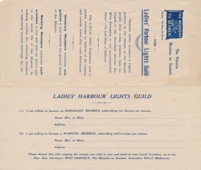 Two fold booklet to subscribe as member of the Ladies Harbour Lights Guild