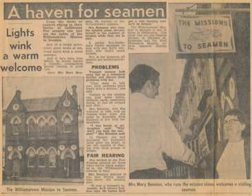 Newspaper clipping about Mary Benin working at the Williamstown Mission to Seamen in the 1960s 