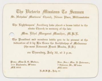 Card - Invitation card, The Victoria Missions to Seamen, 1959