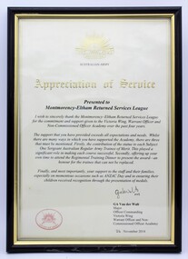 Certificate - Framed 'Appreciation Of Service' Certificate