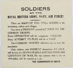Pamphlet - German Propaganda Leaflet dropped on Crete, May 1941, World War 2.  1941