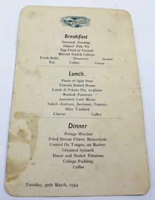 Ephemera - Menu from S.S. New Australia