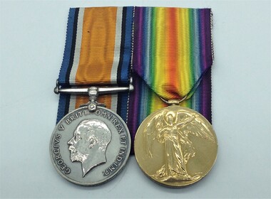 WW1 medals of Pte. A. Warner. They are the British War Medal and the Victory Medal. 