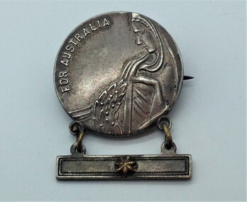 Mothers and Widows Badge 1939-1945 issued to Mrs. M Deacon to commemorate her son Flying Officer Stanley Alfred Deacon. The star on the panel of the Mothers and Widows Badge designated the number of sons that had died in the war. The name of the recipient is etched on the back of the medal.