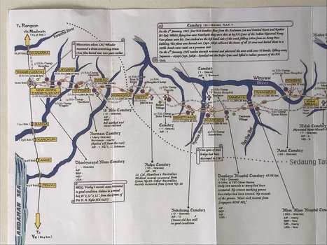 Diagramatic Map of the Length of the Burma Railway with annotations connected to particular locations.