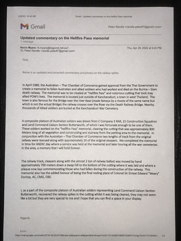 Letter from Kevin Myers who obtained the Railway Spikes and postcard photos while constructing a memorial at Hellfire Pass on the Burma Railway in 1989.