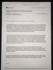 Letter from Kevin Myers who obtained the Railway Spikes and postcard photos while constructing a memorial at Hellfire Pass on the Burma Railway in 1989.