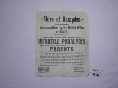 Poster - Infantile Paralysis Notice, Shire of Hampden, Cases Notified of Infantile Paralysis, 22/03/1935
