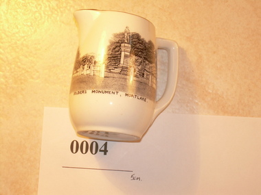 Ceramic - Jug, bone china, Melba Bone China, Mortlake Soldiers Memorial, china memorbilia, Probably 1950's, 1960's