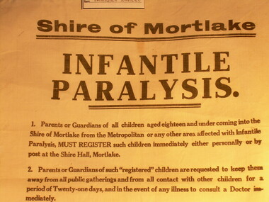 Poster - Infantile Paralysis Notice, Shire of Mortlake, infantile Paralysis registration of cases, [14/8/1937]