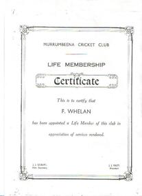 Certificate, Murrumbeena Cricket Club life member certificate, c. 1935