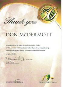 Certificate, Cricket Australia 50 years service certificate, c. 2009