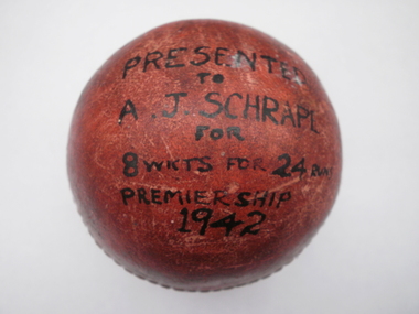 Award - Cricket Ball, Cricket Ball from 1941-42 A team Premiership, c. 1942