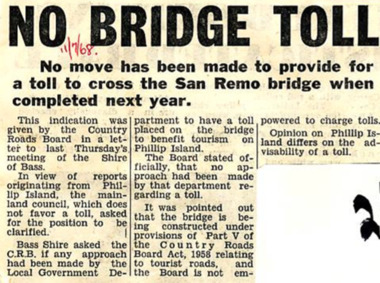 Newspaper Clipping, No Bridge Toll, 11/7/1968