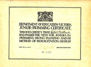 Document - Certificate, Department of Education - Victoria, 1915