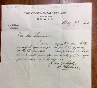 Document, Letter to Ellen Soumprou acknowledging Manageress position, 7 May 1923