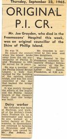 Newspaper Clipping, Mr Joe Grayden, 23/9/1965