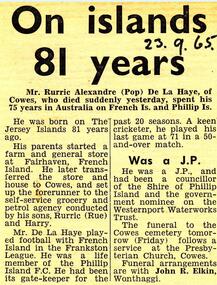Newspaper Clipping, Mr De La Haye, 23/9/1965