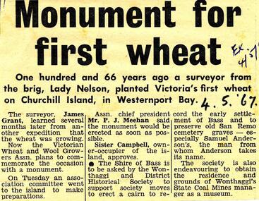 Newspaper Clipping, First Wheat planted in Victoria, 4/5/1967