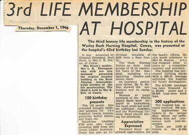 Newspaper Clipping, The Wonthaggi Sentinel, Third Life Membership at Warley Hospital, 01/12/1966
