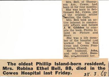 Newspaper Clipping, The Wonthaggi Sentinel, Oldest Phillip Island Resident dies, 28/03/1968