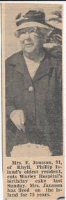 Newspaper Clipping, Mrs E Jansson