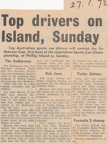 Newspaper Clipping, Top Drivers on Phillip Island, 27/1/1972