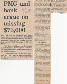 Newspaper Clipping, Missing $73,600, 24/1/1973