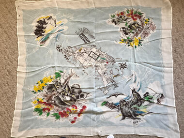 Scarf, Scarf with Map, flowers and animals of Phillip Island, c 1950's