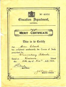 Document, Merit Certificate - Alice Clark