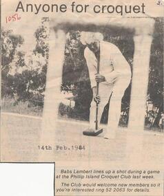 Newspaper cutting, Lambert (Babs) Croquet, 14/02/1984