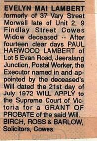 Newspaper cutting, San Remo & Phillip Island Advertiser, Evelyn Mai Lambert Death Notice, 19/8/1993