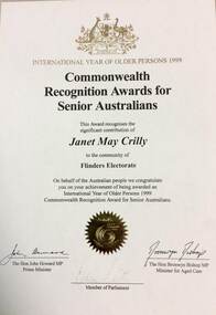 Certificate - Certificates, Volunteer Award Certificates Janet Crilly, 1990s