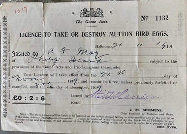 Legal record - Licence, Licence to take or destroy mutton bird eggs